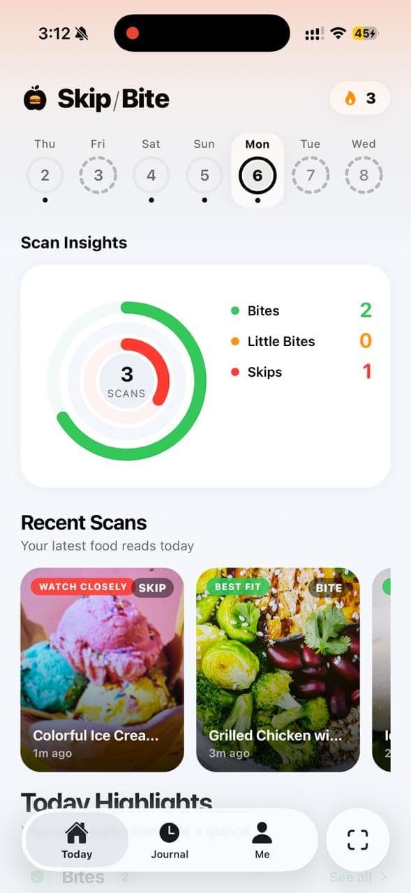 SkipOrBite light mode dashboard